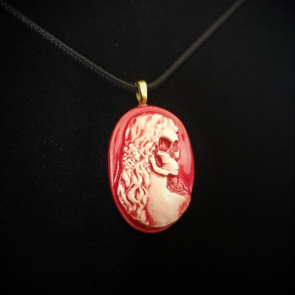 Handmade Ceramic Red Skull Cameo Pendant Necklace - Picture 3 of 14